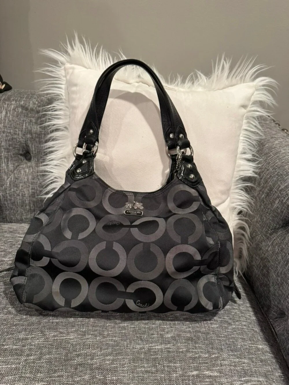 Coach Op Art Multi-Compartment Shoulder Bag – Black Gray Jacquard – Style 15573